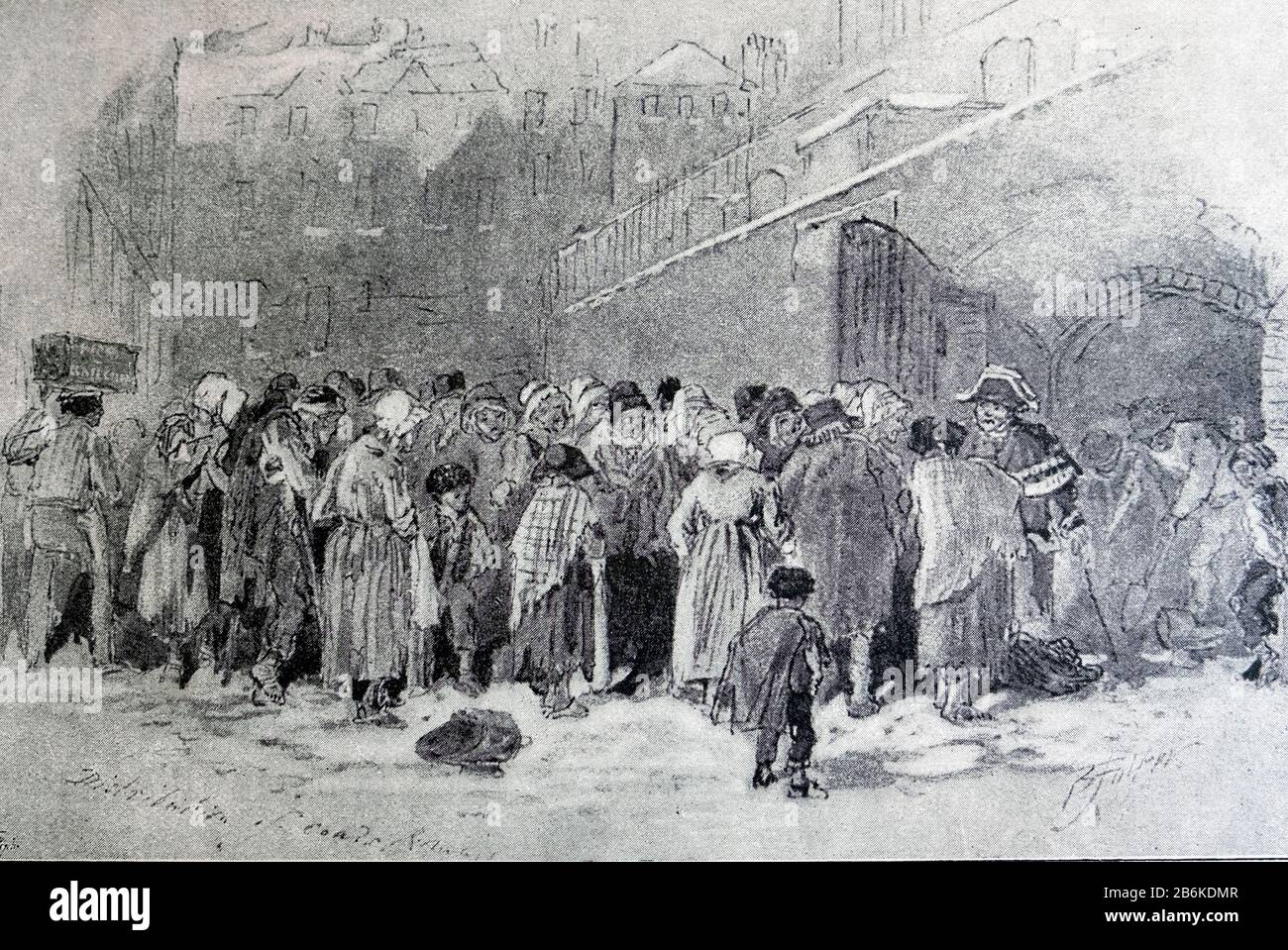 'The Distribution of Coals' ink watercolour painting illustration by British artist Myles Birket Foster Stock Photo