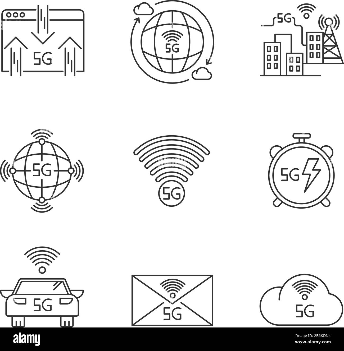 5G wireless technology pixel perfect linear icons set. Car control ...