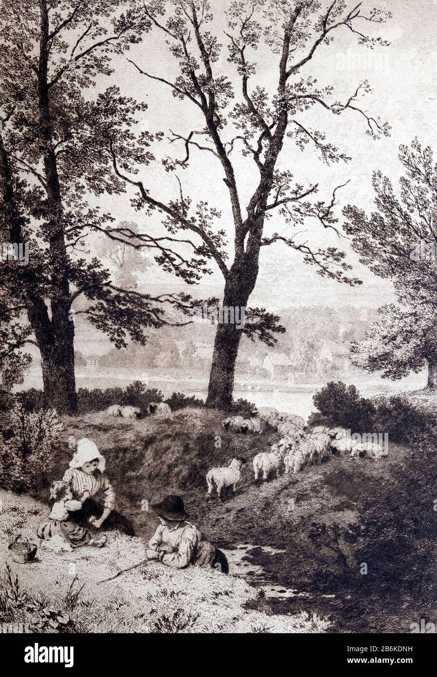 Myles Birket Foster engraving little children and sheep in a rustic rural landscape 'The Little Shepherds' Stock Photo