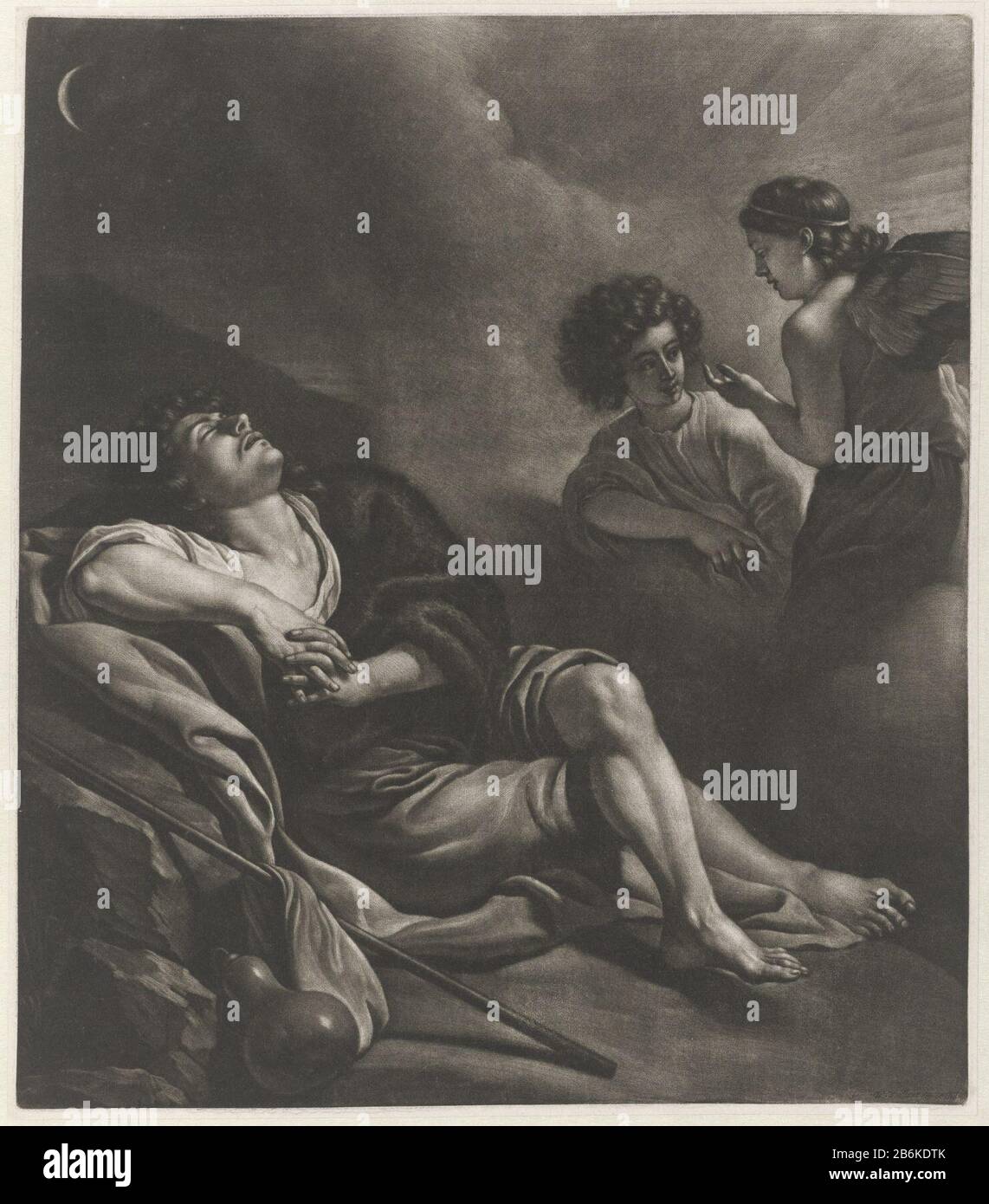 Dream of Jacob Two angels on a ladder descended from heaven on the foreground is Jacob to sleep (Gen. 28:12) . Manufacturer : printmaker: Wallerant Vaillant (listed building) for painting by John of Bronchorstuitgever: Wallerant Vaillant (listed building) Dated: 1658 - 1677 Physical features: mezzotint material: paper technique: mezzotint dimensions: plate edge: h 394 mm × W 343 mm Subject: the dream of Jacob: while sleeping on the ground with a stone for pillow Jacob sees a ladder reaching from earth to heaven with angels going up and down; Usually with God at the top of the ladder dream of J Stock Photo