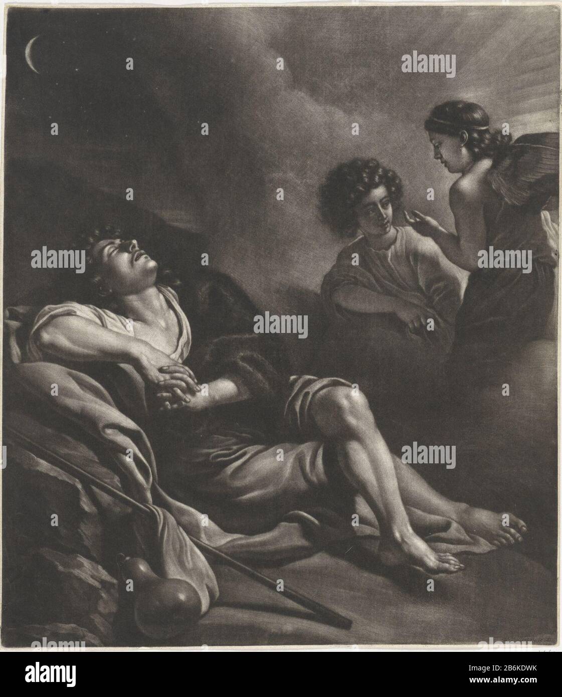 Dream of Jacob Two angels on a ladder descended from heaven to sleep in front is Jacob (Gen. 28:12) . Manufacturer : printmaker: Wallerant Vaillant (listed building) for painting by John of Bronchorstuitgever: Wallerant Vaillant (listed building) Dated: 1658 - 1677 Physical features : mezzotint material: paper Technique: mezzotint dimensions: plate edge: h 394 mm × W 343 mm Subject: the dream of Jacob: while sleeping on the ground with a stone for pillow Jacob sees a ladder reaching from earth to heaven with angels going up and down; Usually with God at the top of the ladder dream of Jacob, wi Stock Photo
