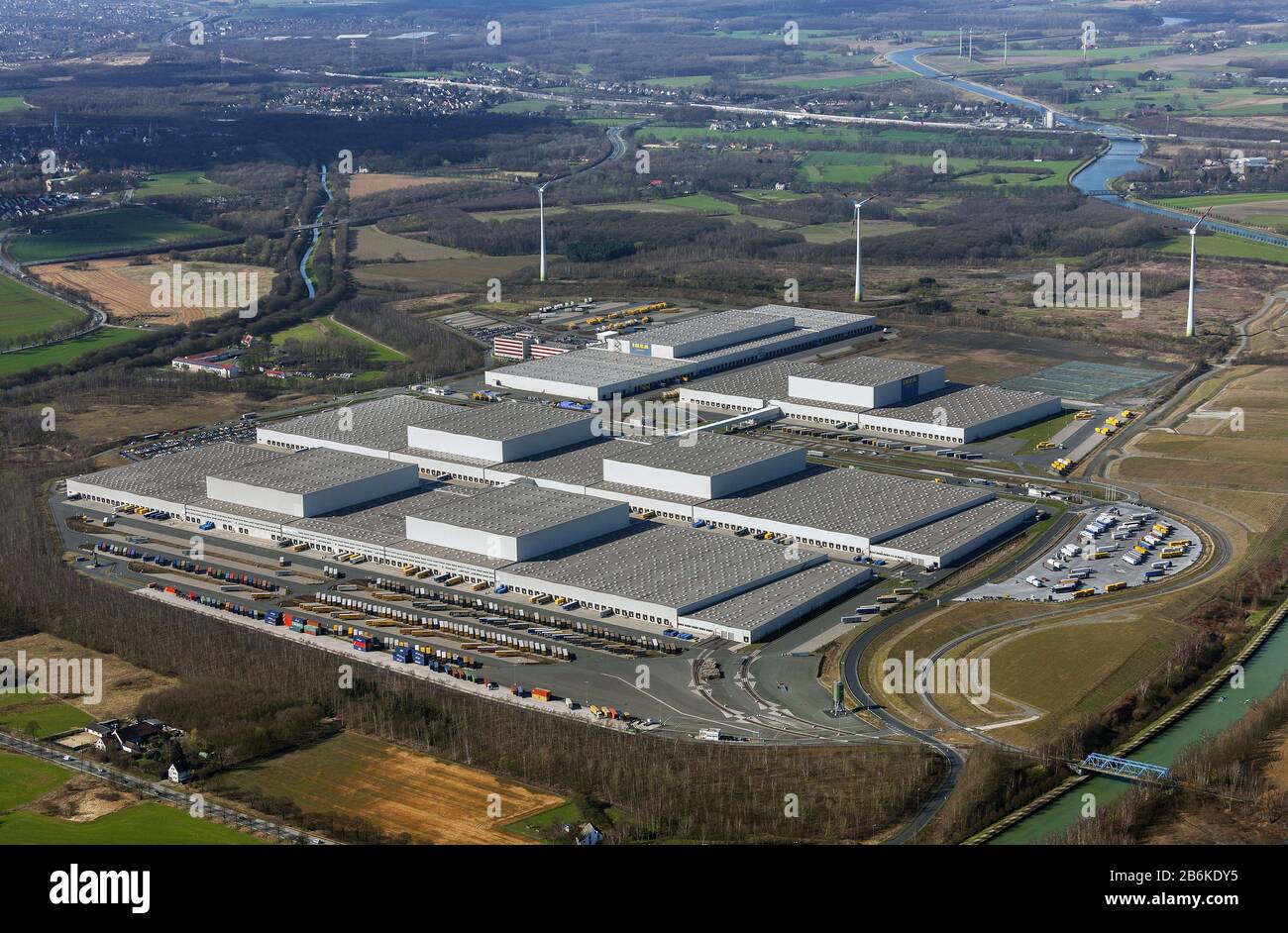 distribution centre of IKEA in Dortmun-Ellinghausen, which was built on a former heap of Hoesch AG, 19.03.2012, aerial view, Germany, North Rhine-Westphalia, Ruhr Area, Dortmund Stock Photo