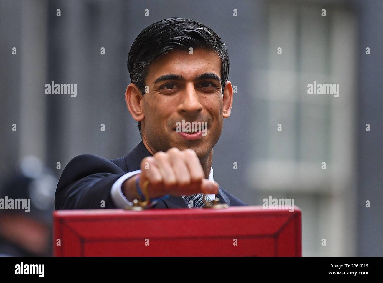 Chancellor Rishi Sunak outside 11 Downing Street, London, before heading to the House of Commons to deliver his Budget. Stock Photo
