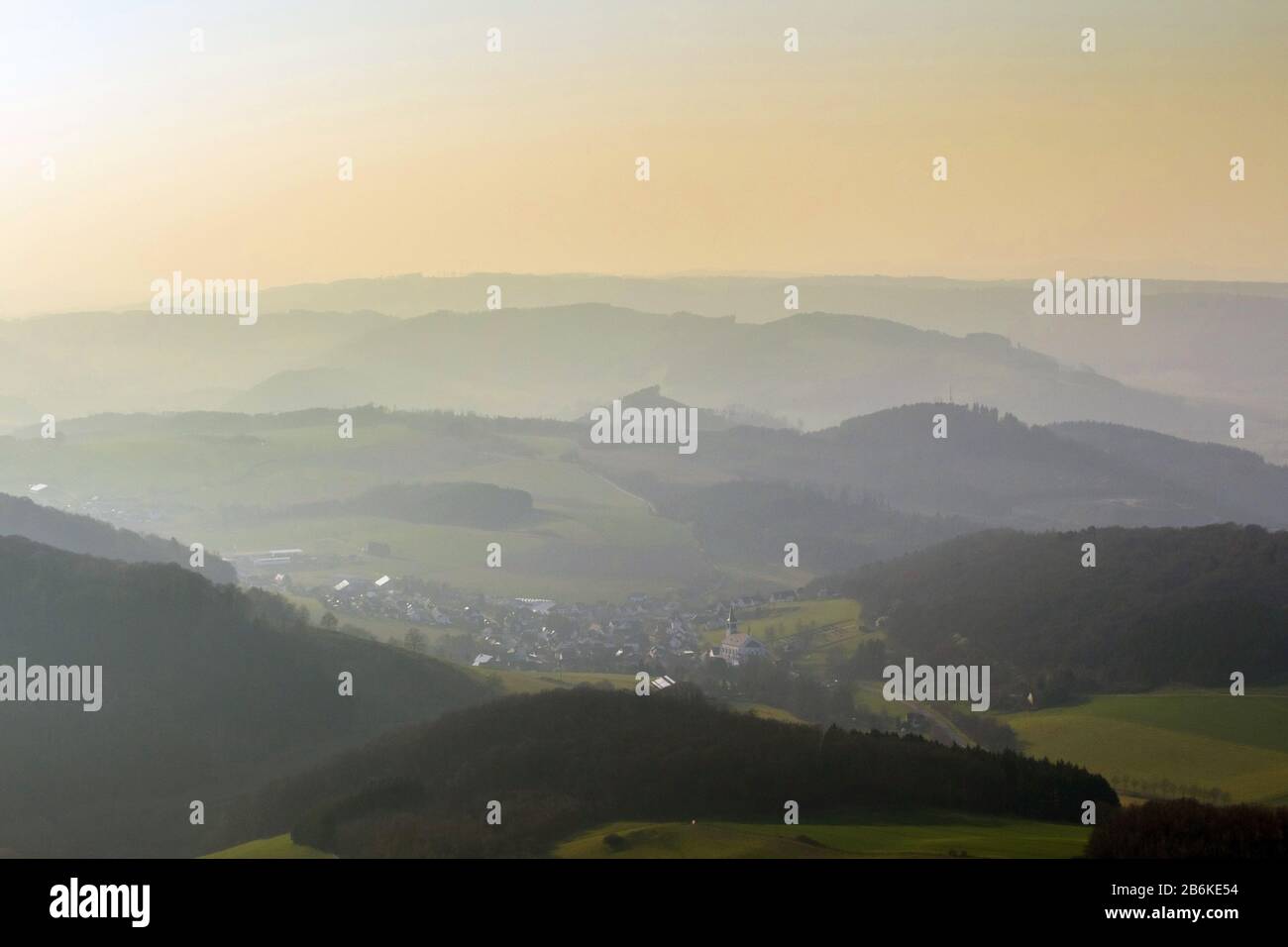 , clouds and mist over valleys and forests near Meschede, aerial view, 12.03.2014, Germany, North Rhine-Westphalia, Sauerland, Meschede Stock Photo