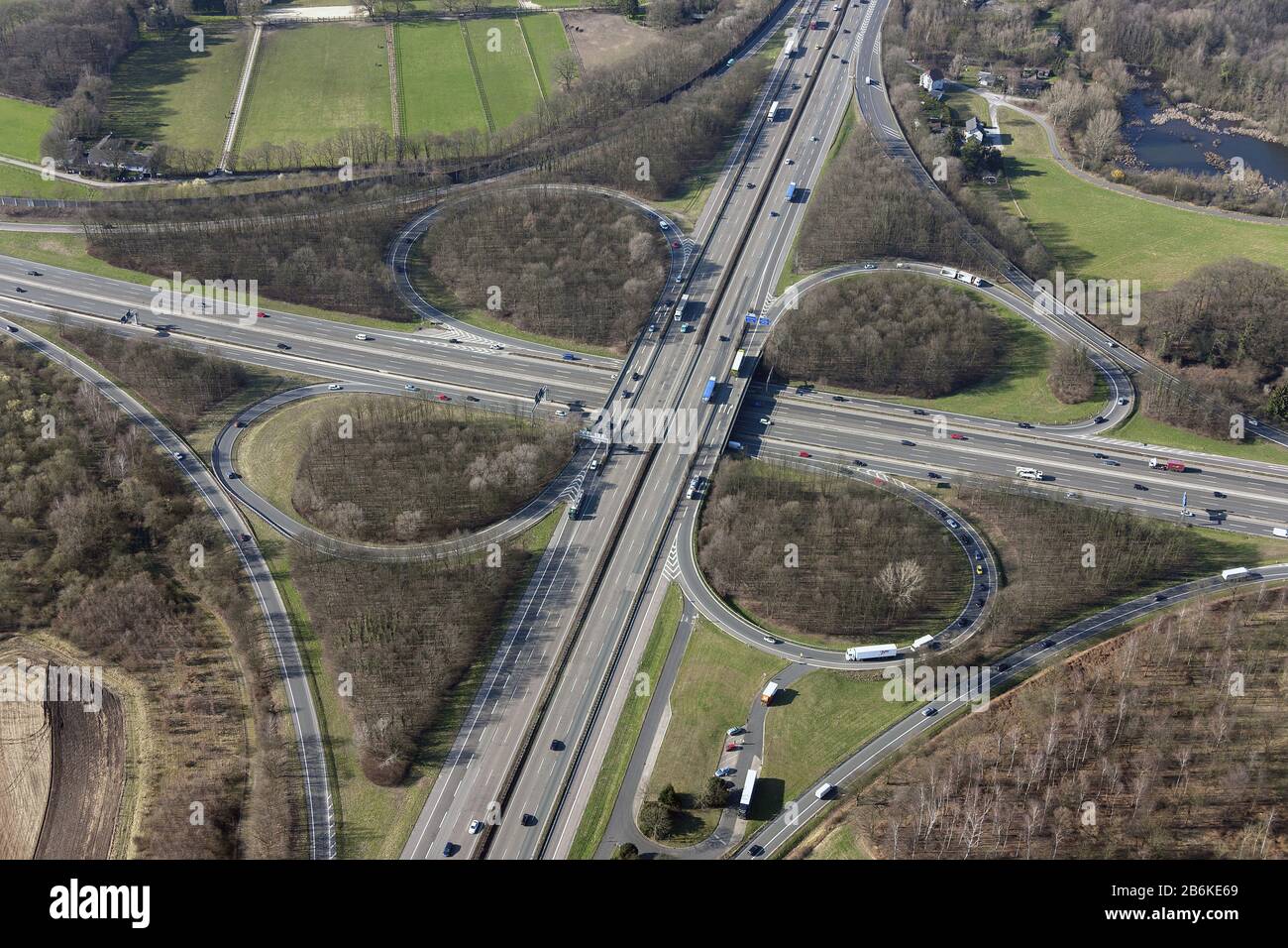 , motorway interchange Hilden on the freeway A 3 with A 46, 19.03.2012, aerial view, Germany, North Rhine-Westphalia, Hilden Stock Photo