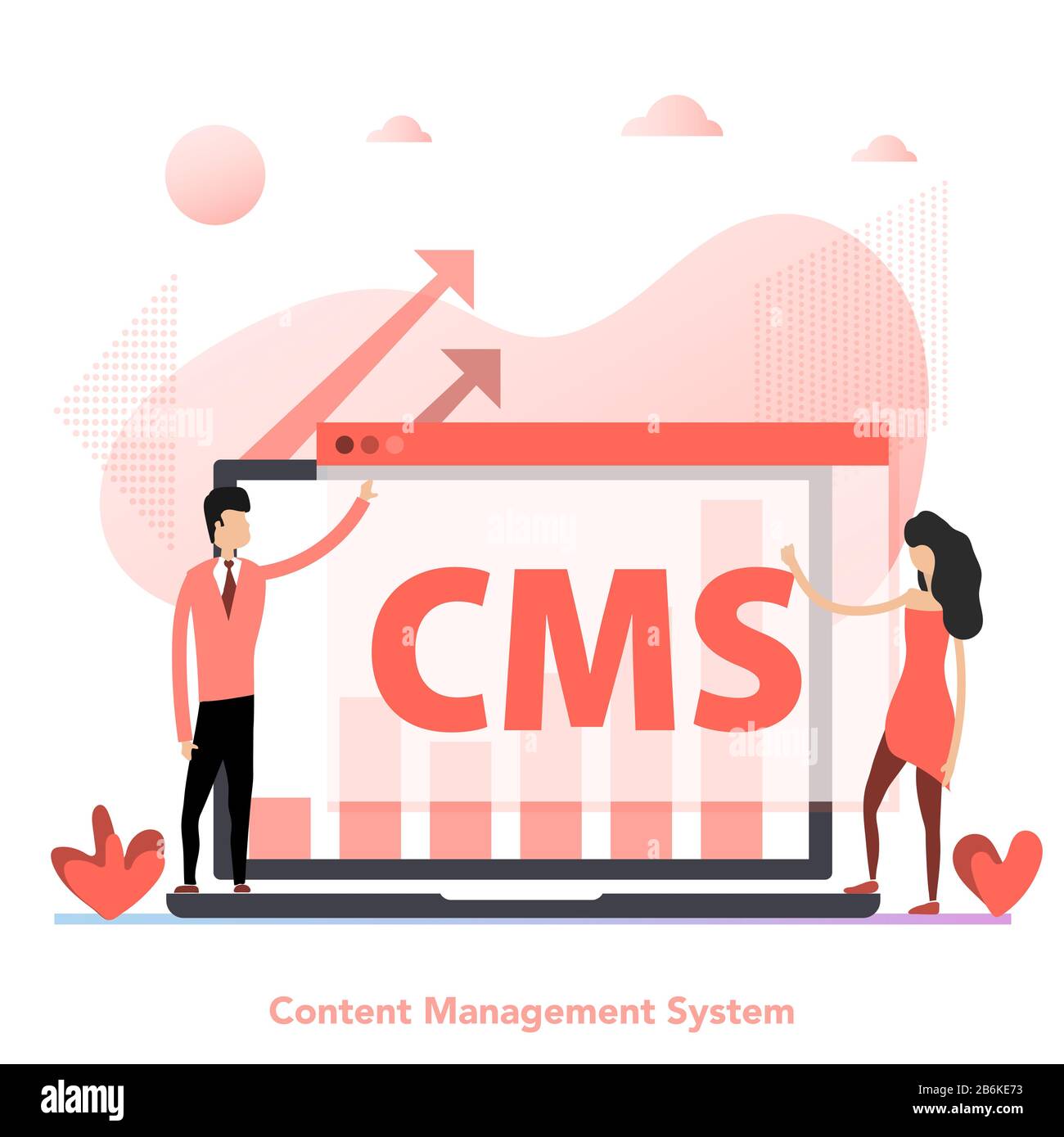 Vector illustration with red color flat elements. Businessman and woman near big laptop with huge letters CMS as concept of content management system Stock Photo