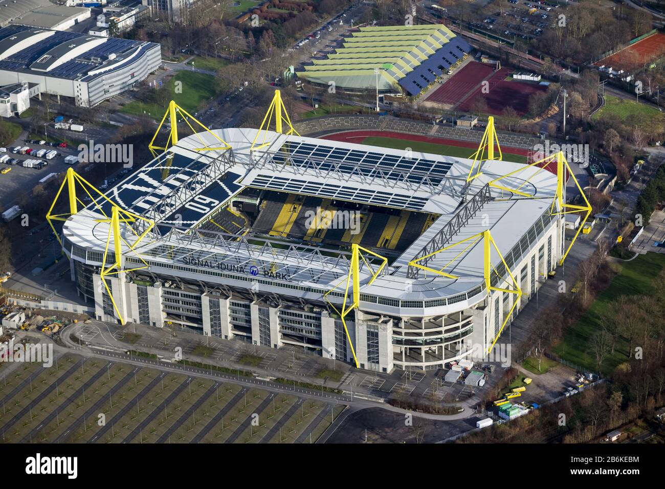 stadium Westfalenstadion of Dortmund BVB, 19.01.2014, aerial view, Germany, North Rhine-Westphalia, Ruhr Area, Dortmund Stock Photo