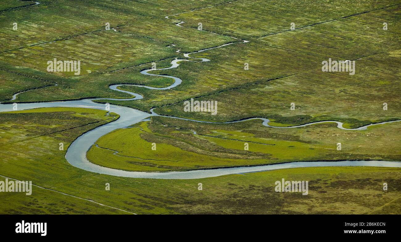 , Ostheller- landscape and salt marshes in the Wadden Sea prils Norderney island as part of the East Frisian Islands, aerial view, 27.08.2014, Germany, Lower Saxony, Norderney, East Frisia Stock Photo