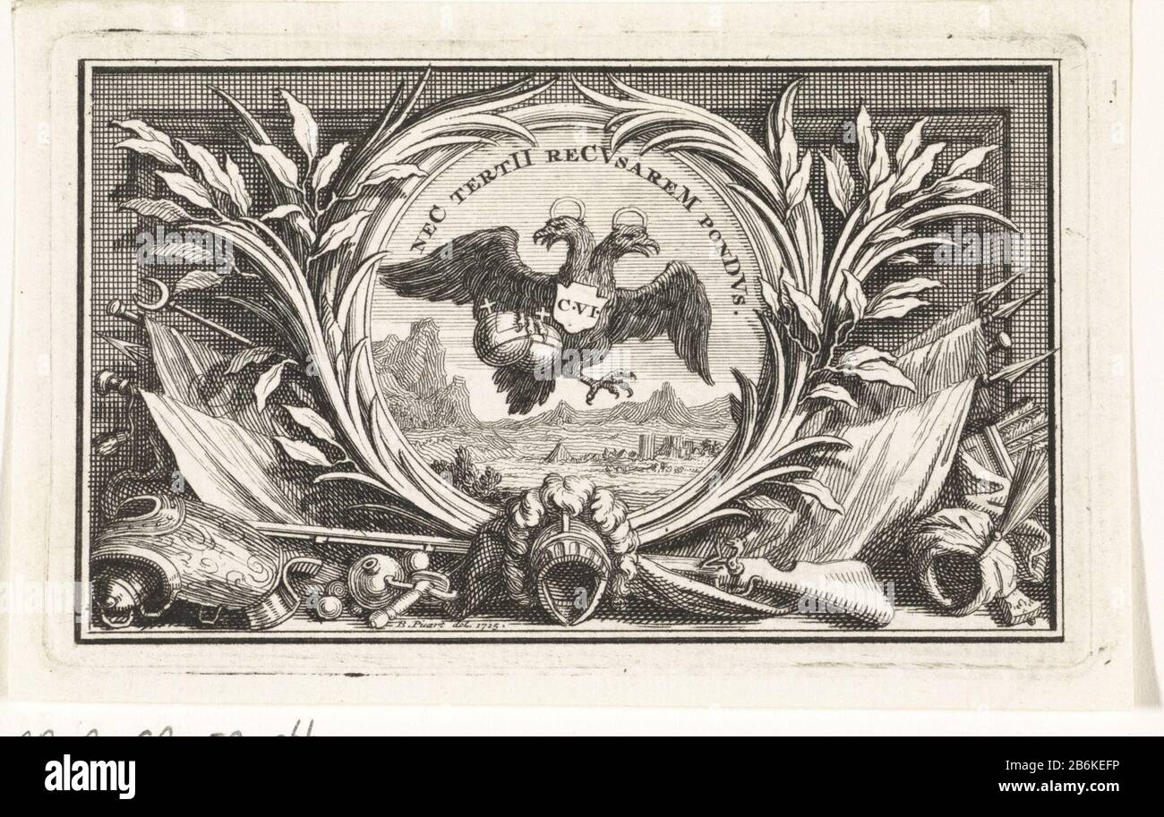 Double headed eagle In the middle of the double-headed eagle of the Holy Roman Empire with two rich apples and reference German emperor Charles VI in the chest (C.VI). In the frame weaponry and Ottoman trofeëen. Manufacturer : print maker: Bernard Picart (studio) to drawing of: Bernard Picart (indicated on object) Place manufacture: Amsterdam Date: 1715 Physical characteristics: etching and engra material: paper Technique: etching / engra (printing process) Dimensions: plate edge: h 61 mm × 99 b mm Subject: double-headed eagleWie: Charles VI (emperor of the Holy Roman Empire) Stock Photo