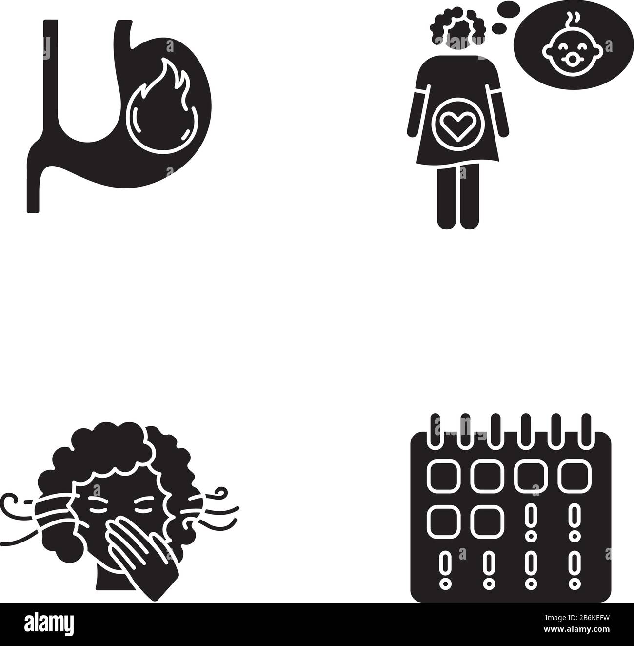 Early pregnancy symptom black glyph icons set on white space. Heartburn in stomach. Feeling pregnant. Smell sensitivity. Maternity, fertility Stock Vector