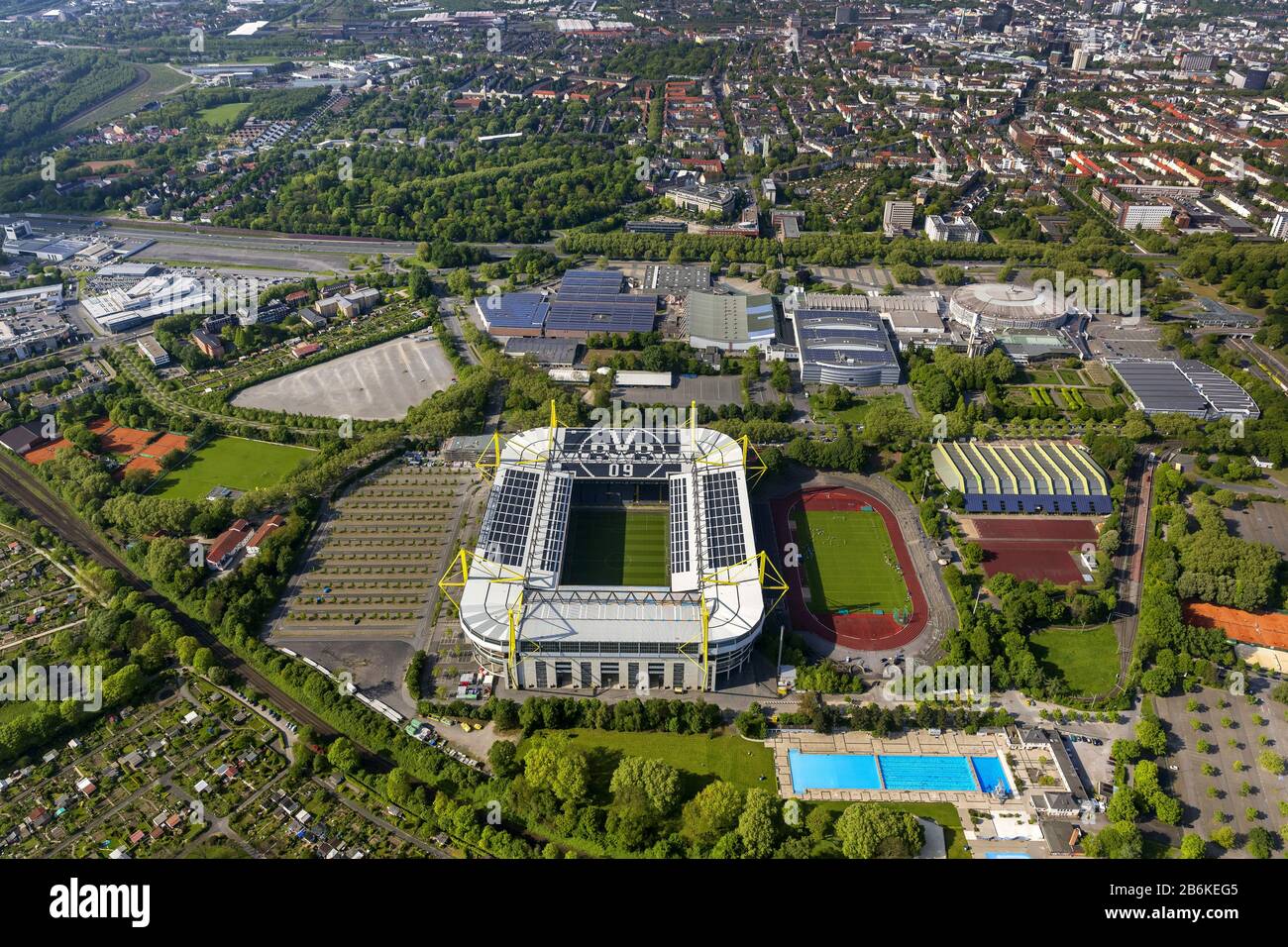 Borusseum, the Signal Iduna Park stadium of Borussia Dortmund, 04.05.2014, aerial view, Germany, North Rhine-Westphalia, Ruhr Area, Dortmund Stock Photo