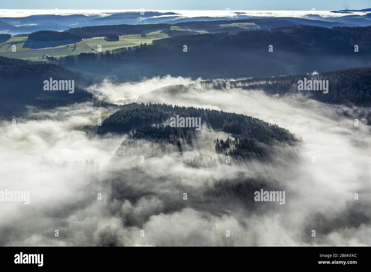 Fog landscape over mountains and forests at Marsberg, aerial view, 11.12.2013, Germany, North Rhine-Westphalia, Sauerland, Marsberg Stock Photo
