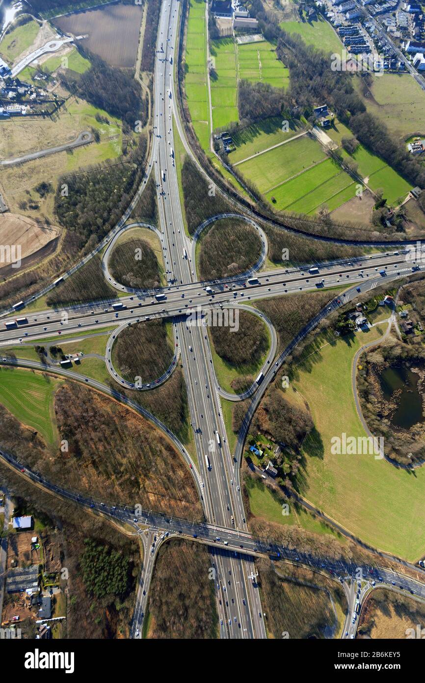 motorway interchange Hilden on the freeway A 3 with A 46, 19.03.2012, aerial view, Germany, North Rhine-Westphalia, Hilden Stock Photo