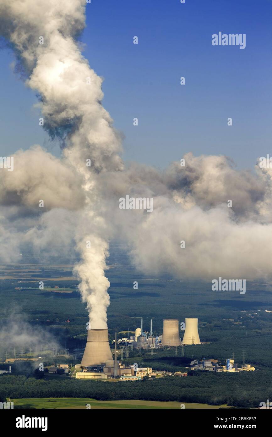, former nuclear power plant, today natural gas power plant Emsland in Lingen at river Ems, aerial view, 27.08.2014, Germany, Lower Saxony, Lingen (Ems) Stock Photo