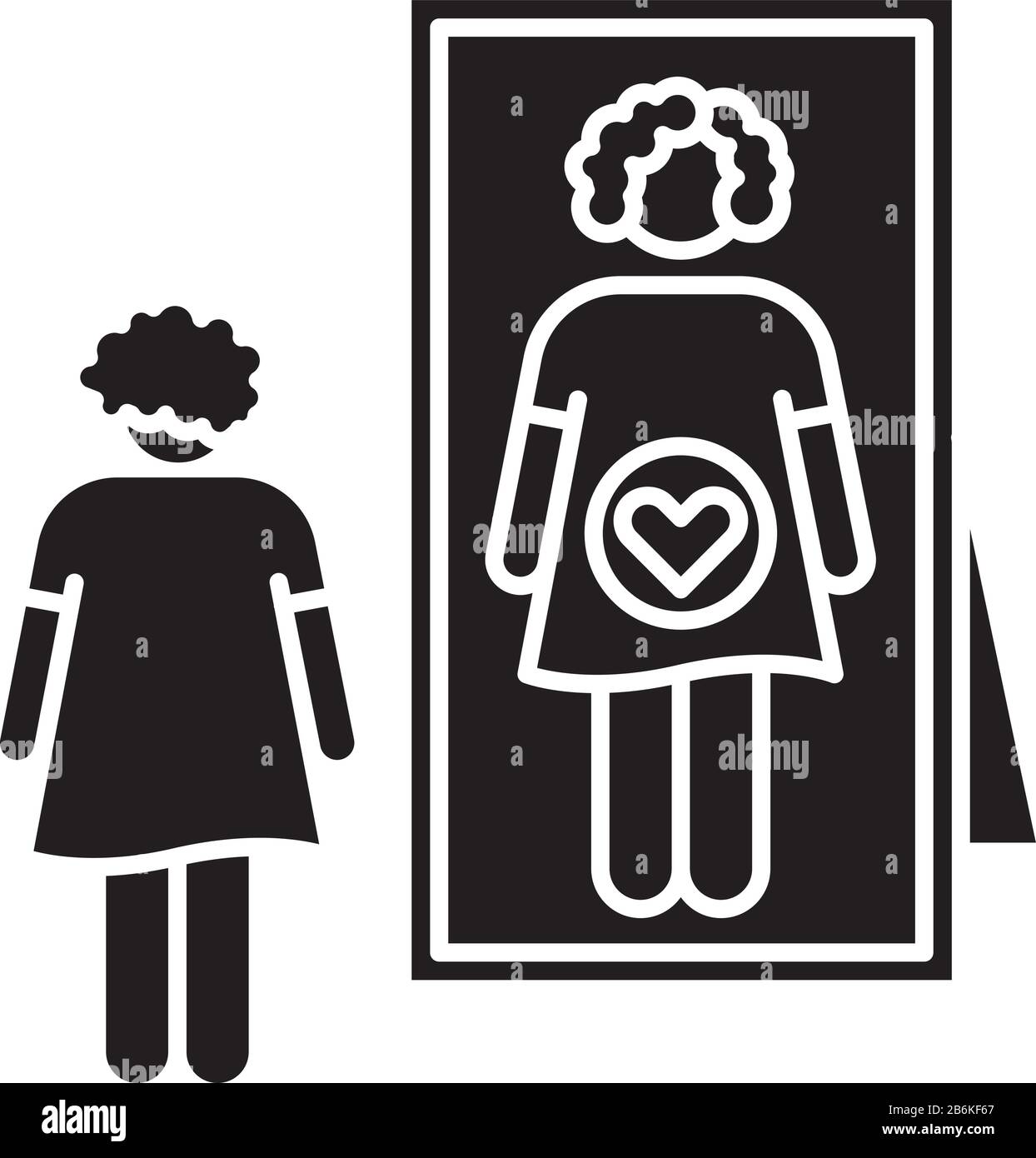 Intuitive feeling black glyph icon. Early sign of pregnancy. Woman awaiting for baby. Lady looking in mirror. Anticipation to give birth. Silhouette Stock Vector