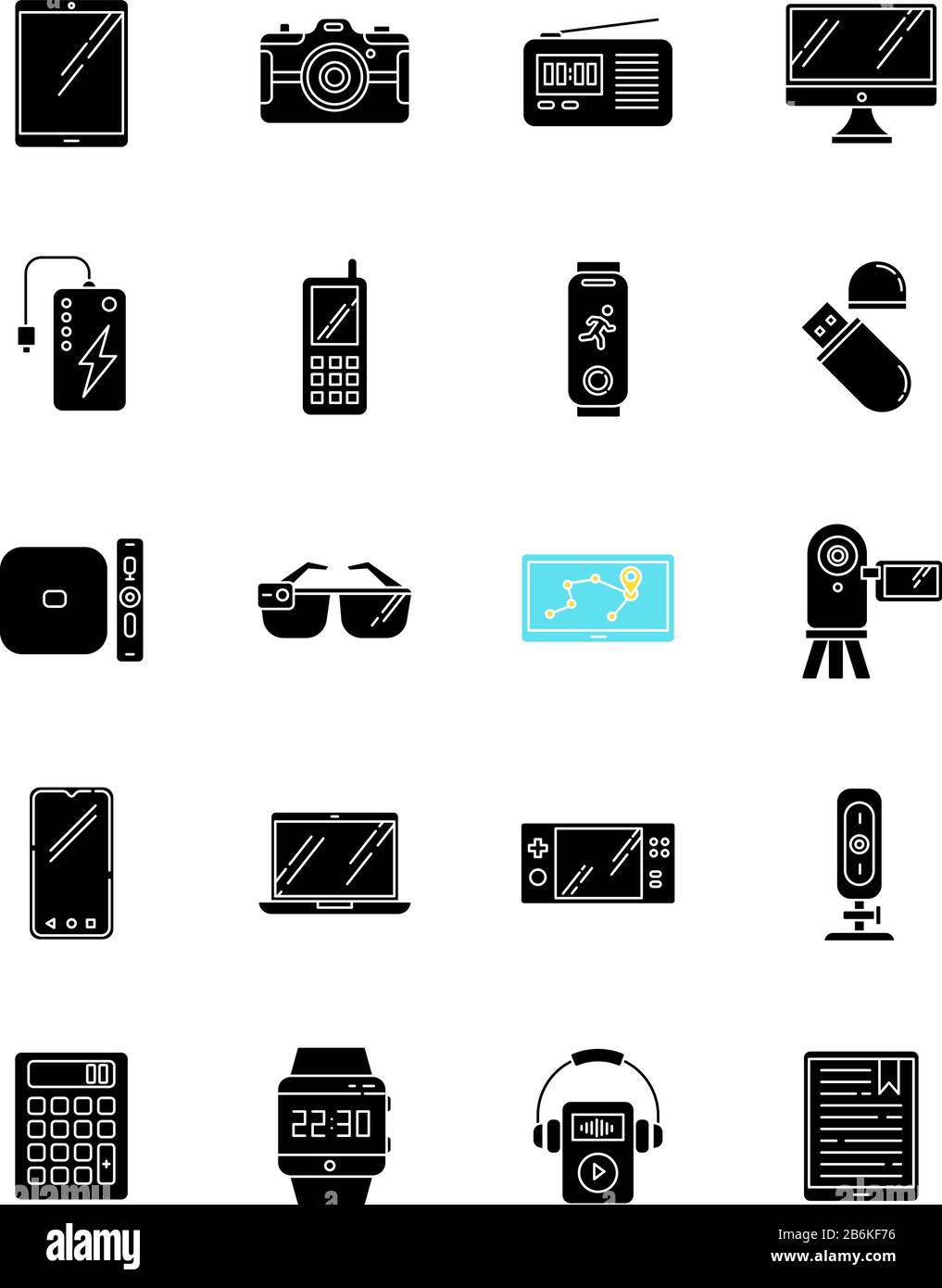 Mobile devices black glyph icons set on white space. Handheld small electronic gadgets. Technology. Smartphone, laptop, computer. E-readers. Cameras Stock Vector