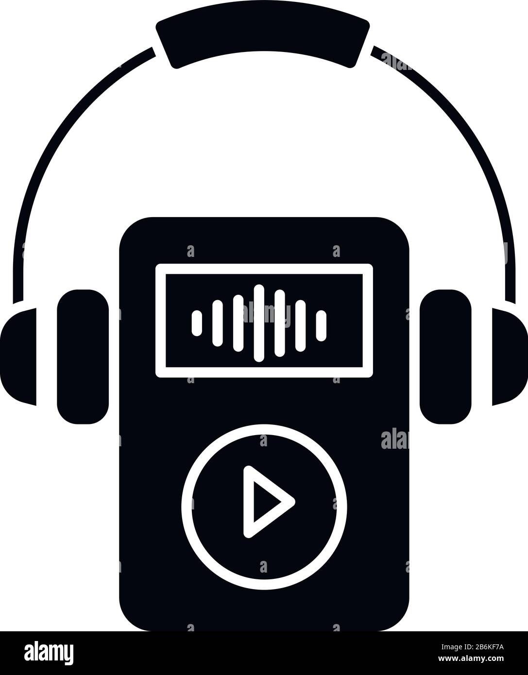 Digital music player black glyph icon. Portable MP3 player with headphones. Audio files storage gadget. Small handheld mobile device. Silhouette Stock Vector