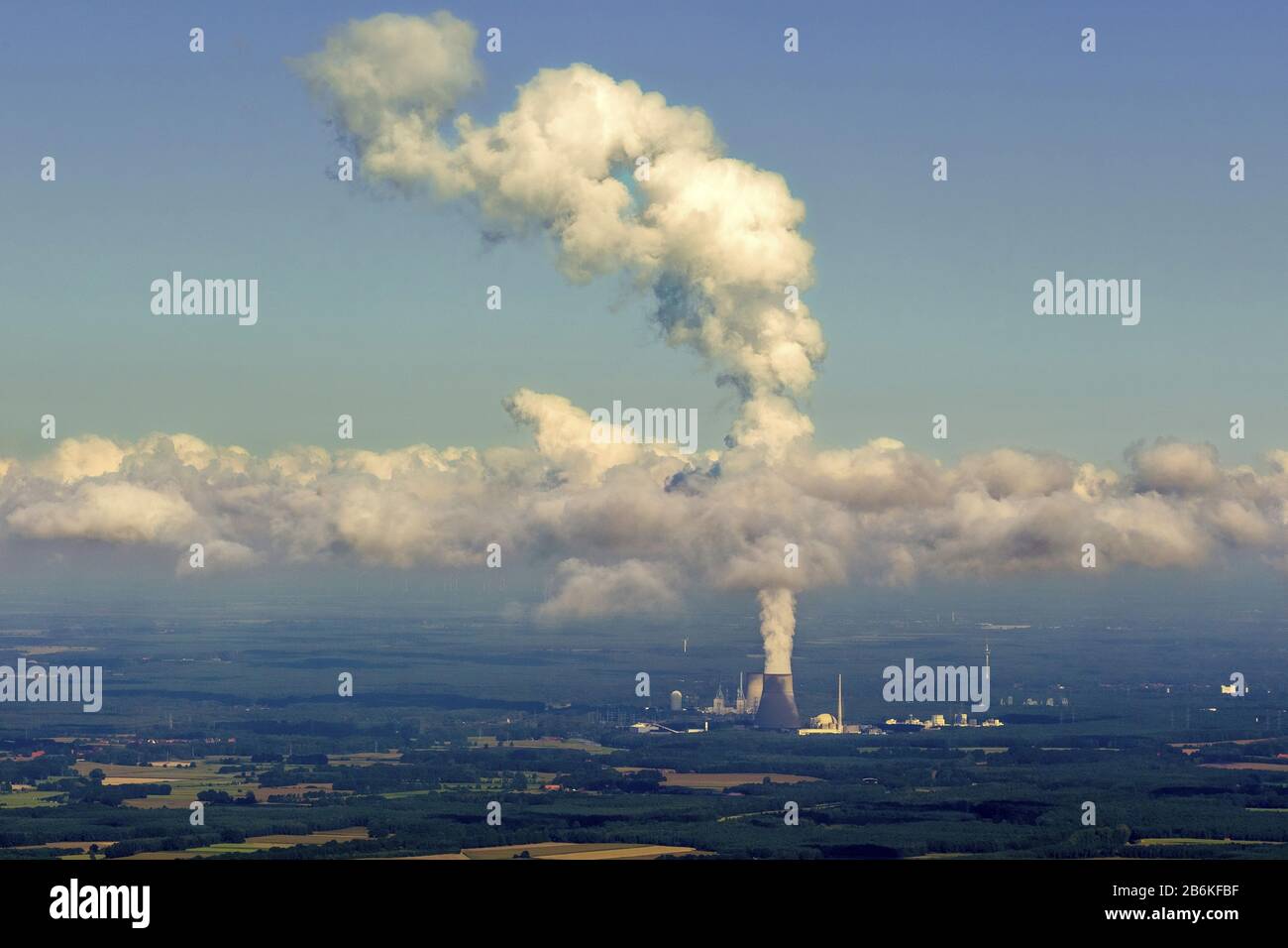 , former nuclear power plant, today natural gas power plant Emsland in Lingen at river Ems, aerial view, 27.08.2014, Germany, Lower Saxony, Lingen (Ems) Stock Photo