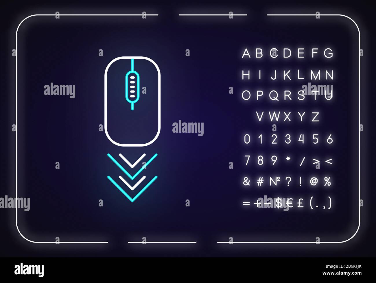 Scrolling mouse neon light icon. Internet page browsing gesture, down arrowheads indicator. Outer glowing effect. Sign with alphabet, numbers and Stock Vector
