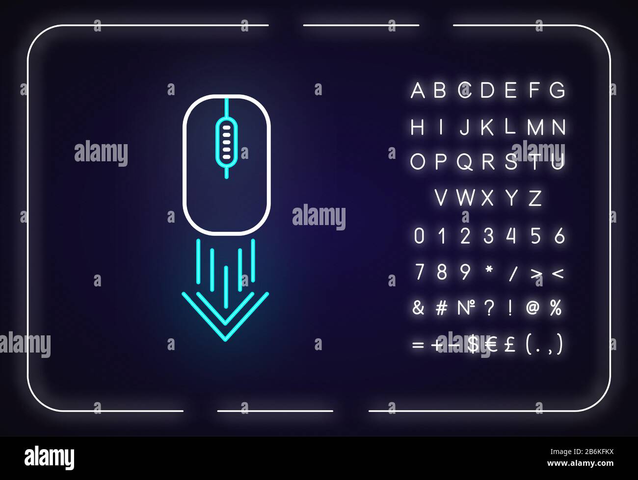 Scrolling down computer mouse neon light icon. Internet page browsing arrow. PC mouse. Outer glowing effect. Sign with alphabet, numbers and symbols Stock Vector