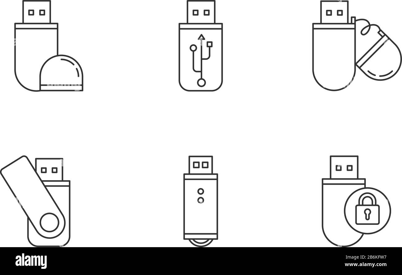 USB flash drive pixel perfect linear icons set. Compact data storage
