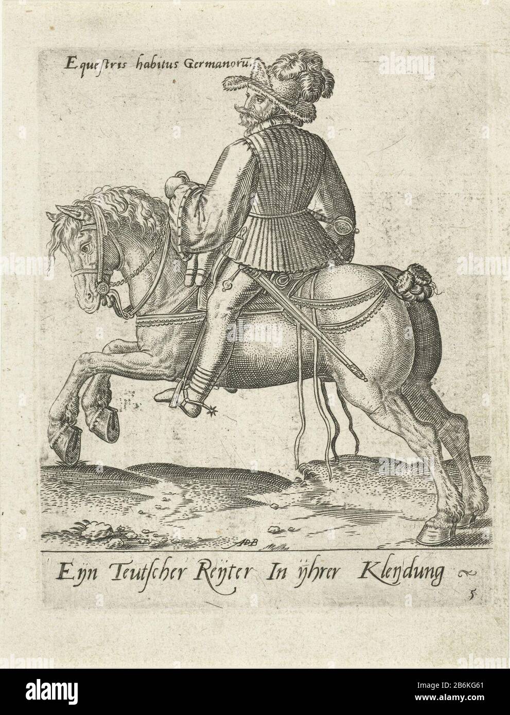 German rider Horse and rider to the left. The horse is galloping. The German rider is wearing clothes. The picture has a caption German and a Latin inscription. Post originally from 'Equitum Descripció ... '1577. Manufacturer : printmaker Abraham de Bruyn (listed building) Publisher: Caspar Rutz (possible) Place manufacture: Cologne Date: 1577 Physical features: car material: paper Technique: engra (printing process) Dimensions : plate edge: h 138 mm × W 110 mmToelichtingPrent originally published in 'Equitum Descripció, quomodo Equestres copie, nostra hac aetate, in sua armatura, per cunttas, Stock Photo