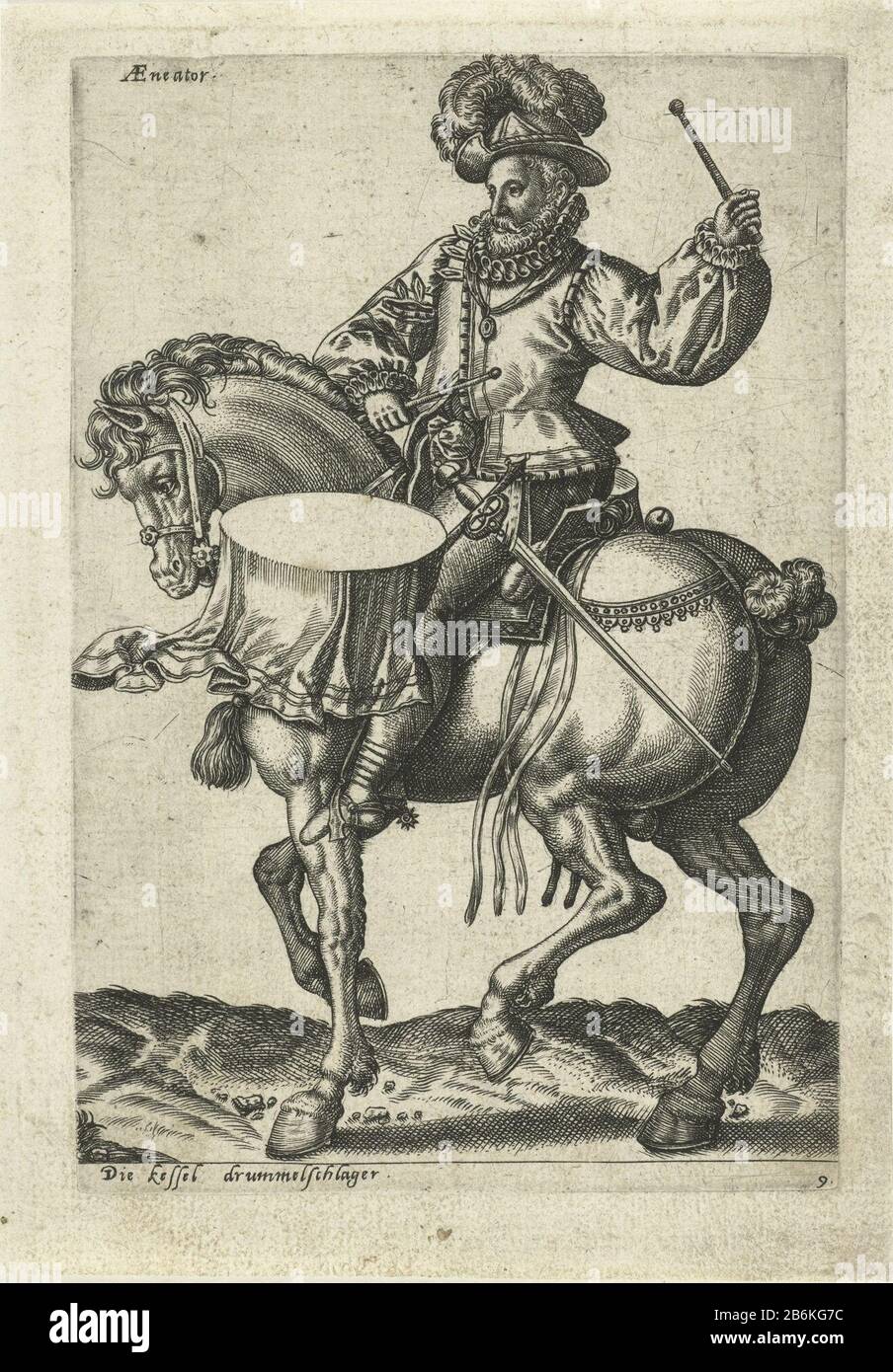German drummer on horseback Horse and rider left. The horse is in step. The drummer, his German dressed, hit a drum. The picture has a caption German and a Latin inscription. Post originally from 'Equitum Descripció ... '1577. Manufacturer : printmaker Abraham de Bruyn (attributed to) Publisher: Caspar Rutz (possible) Place manufacture: Cologne Date: 1577 Physical features: car material: paper Technique: engra (printing process) Dimensions: plate edge: h 158 mm × W 106 mmToelichtingPrent originally published in 'Equitum Descripció, quomodo Equestres copie, nostra hac aetate, in sua armatura, p Stock Photo