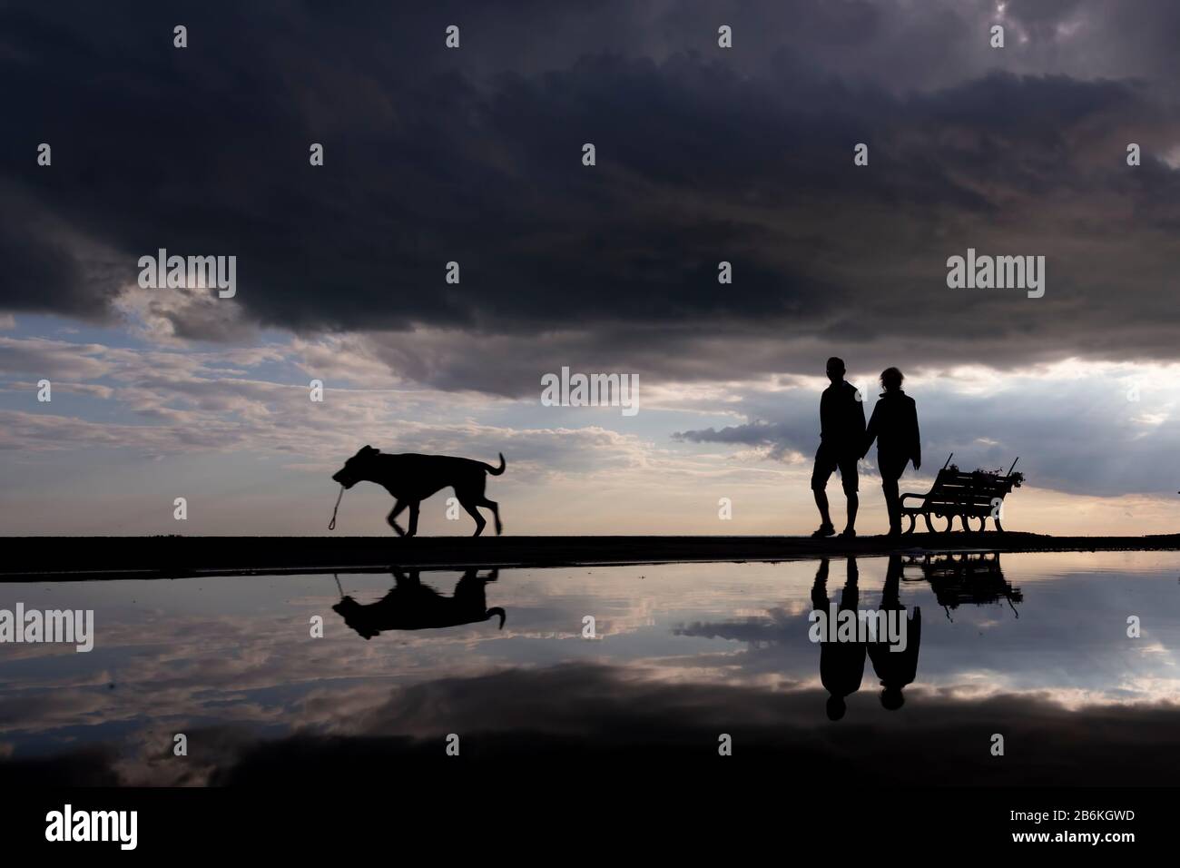 silhouette of dog walkers with storm cloud Stock Photo