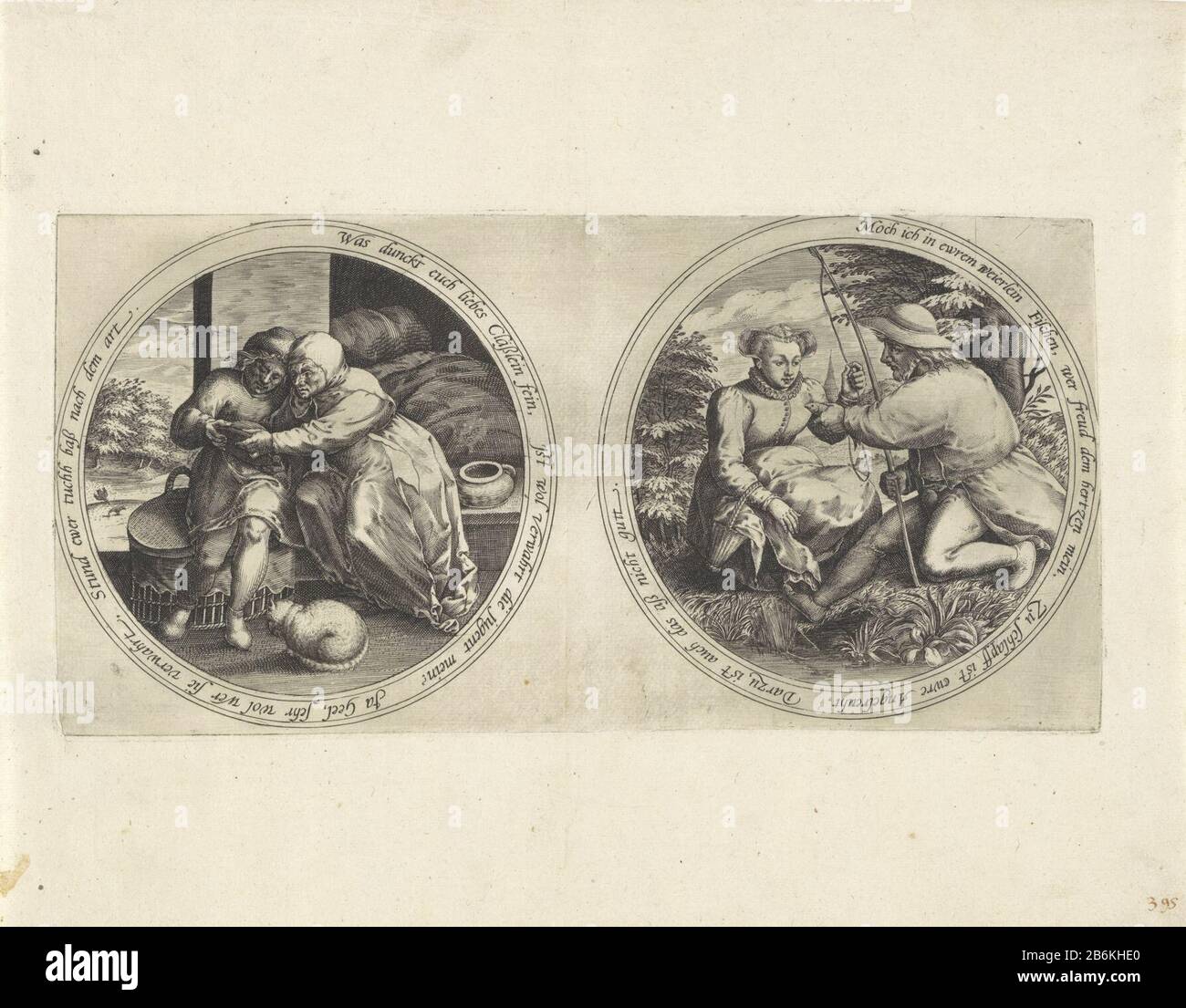 Couple with a mirror and a fisherman handing a woman a fish medallions with ambiguous edge notebooks (series title) Two medallions with an ambiguous edge inscription in German