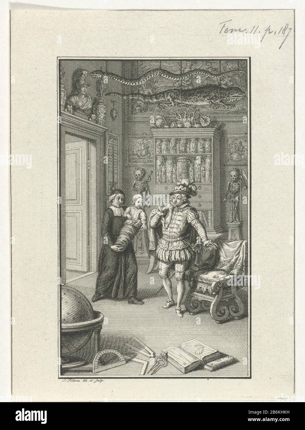 Edelman and a spiritual child with a cabinet of curiosities In a room filled with many rarities are a gentleman and a clergyman with a child in his armen. Manufacturer : printmaker Jacob Folkema (listed property) to drawing: Jacob Folkema (listed building) Dated: 1702 - 1767 Physical features: etching; proofing material: paper Technique: etching Dimensions: sheet: H 166 mm × W 121 mm Subject: cabinet of curiosities, 'Art und Wunderkammer' Stock Photo