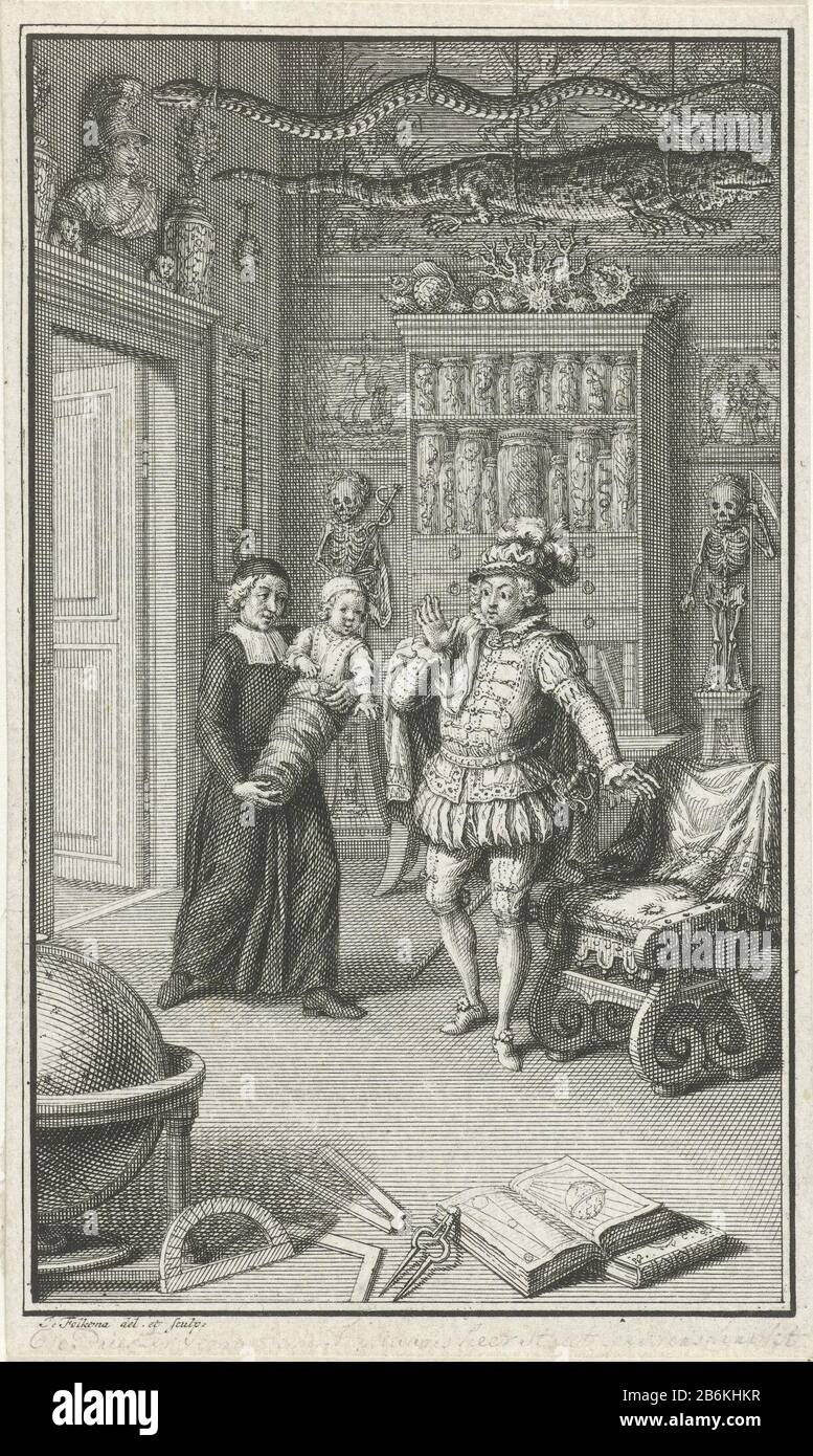 Edelman and a spiritual child with a cabinet of curiosities In a room filled with many rarities are a nobleman and a cleric with a child in his armen. Manufacturer : printmaker Jacob Folkema (listed property) to drawing: Jacob Folkema (listed building) Dated: 1702 - 1767 Physical features: etching material: paper Technique: etching dimensions: sheet: h 144 mm × W 86 mm Subject: cabinet of curiosities, 'Art und Wunderkammer' Stock Photo