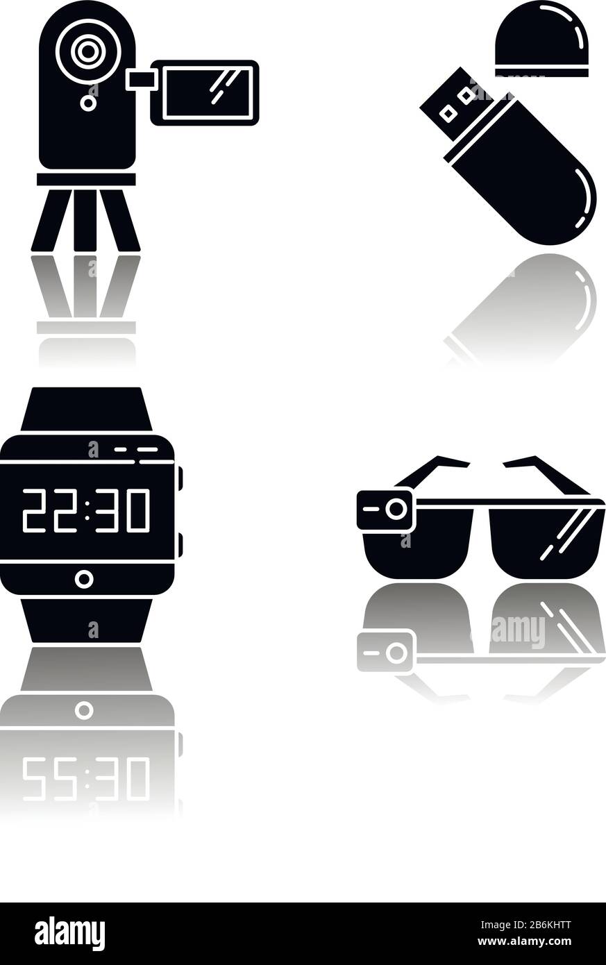 Mobile devices drop shadow black glyph icons set. Pocket electronic gadgets. Smart technology. Flash drive, video camera. Smartwatch, smartglasses Stock Vector