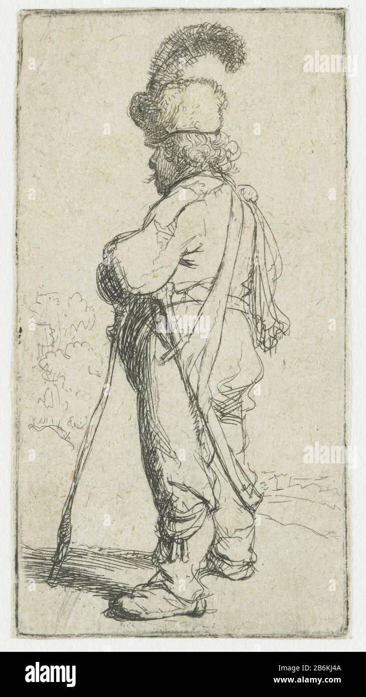 A Pole, leaning on his stick left Pool A, leaning on his stick: Left Object type: picture Item number: RP-P-1961-1073Catalogusreferentie: New Hollstein Dutch 76-8 (13) Bartsch 141-4 (6) 141-4 Hollstein Dutch (6) Labeling / brand: brand, verso center below: Lugt 2228opschrift, verso central pencil: 'C. 11970 (Colnaghi number?) Inscription verso bottom center, pencil: 'C. 3606 (Colnaghi number?) Manufacture Creator: printmaker Rembrandt van Rijn to own design: Rembrandt van Rijn Date: 1630 - 1634 Physical features: etching material: paper Technique: etching Dimensions: H 82 mm × W 43 mm Stock Photo
