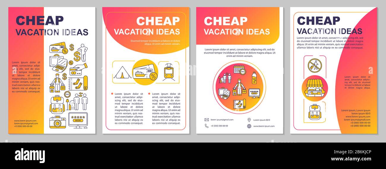 Cheap tourism ideas brochure template. Using credit card. Public transport. Flyer, booklet, leaflet print, cover design, linear icons. Vector layouts Stock Vector