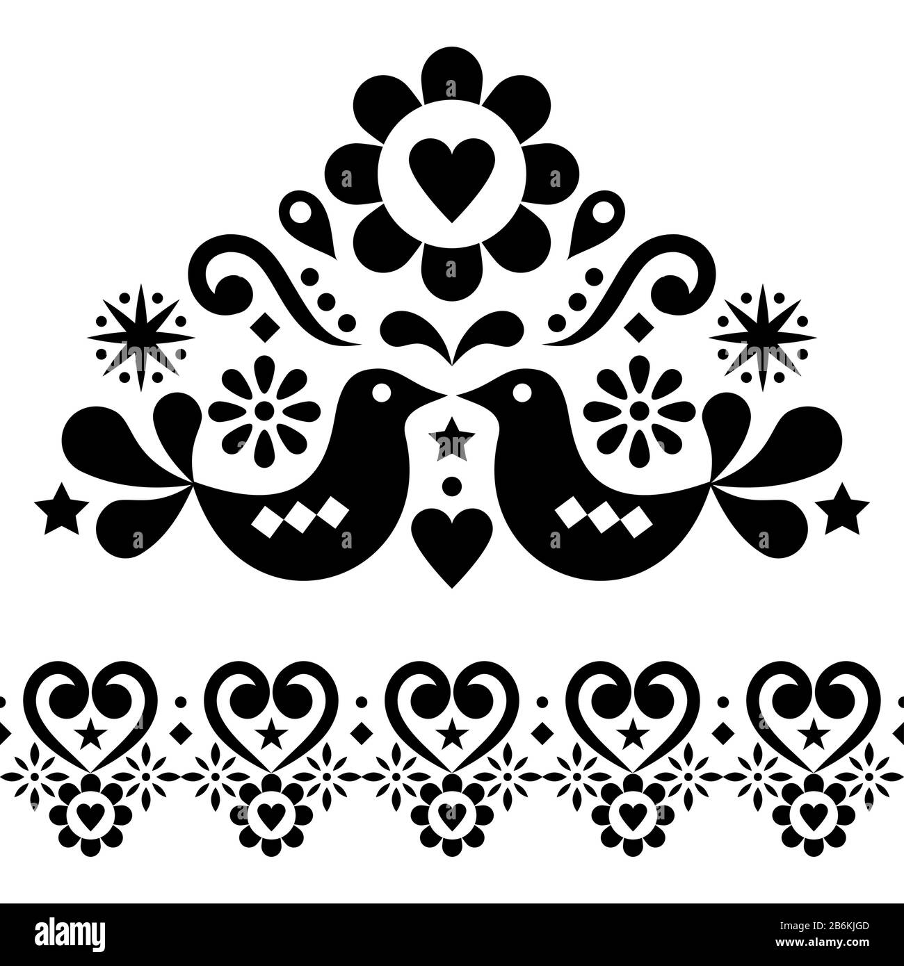 Valentine's Day folk art vector design set for greeting card or wedding invitation - Scandinavian style patterns with birds, hearts and flowers Stock Vector
