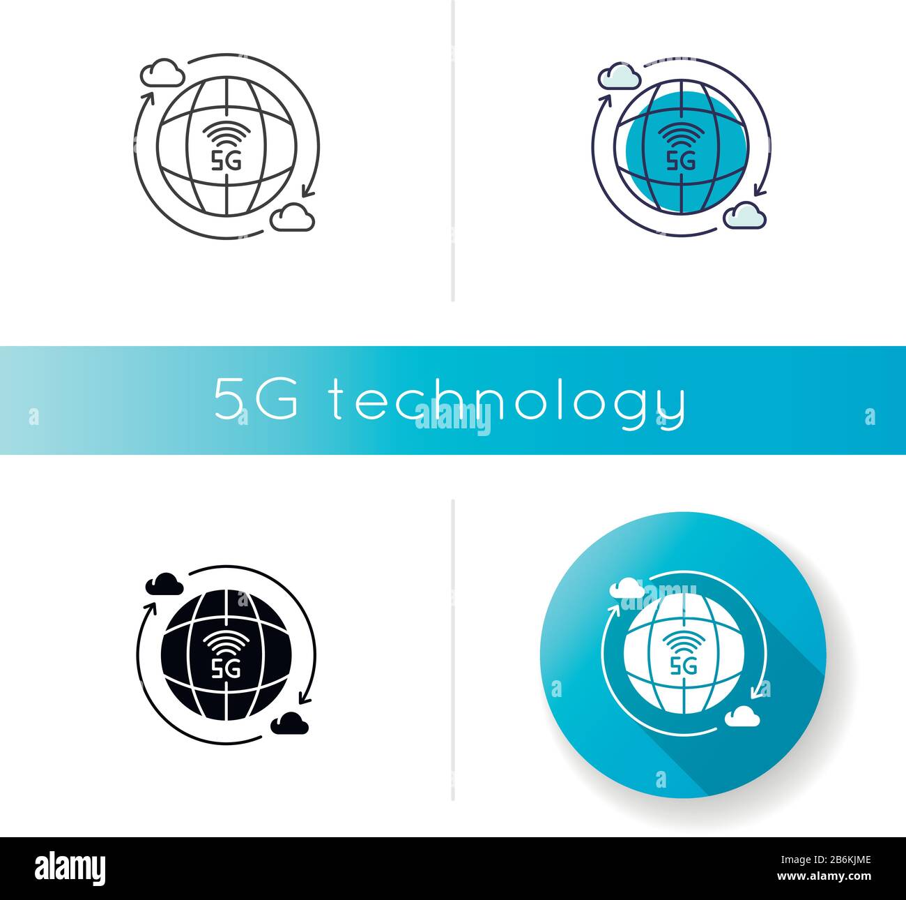 5G wireless technology icon. Global standard. Cloud computing. Mobile cellular network coverage. Linear black and RGB color styles. Isolated vector Stock Vector