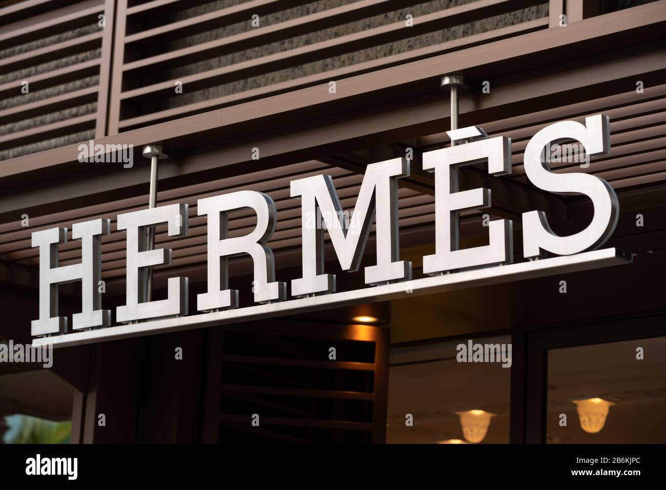 A view of a French high fashion luxury goods manufacturer Hermes logo ...