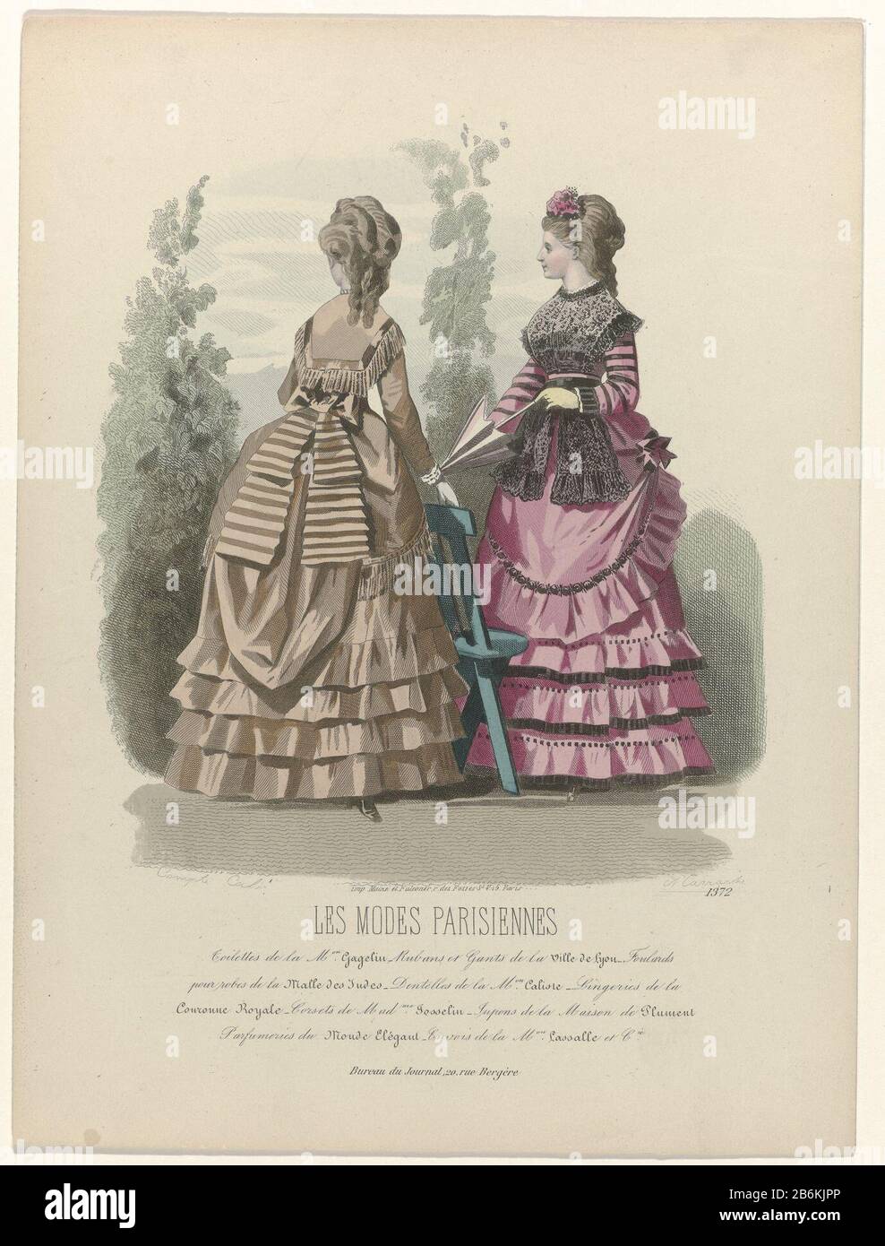 An explosion of fashion magazines Les Modes Parisiennes, ca 1867, Pl 1372  Toilets Maison Gagelin () Two women, Who: one seen from behind, in a  garden. Left: light brown dress trimmed with