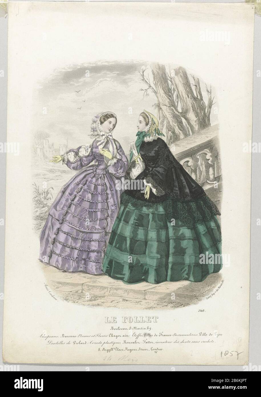 An explosion of fashion magazines Le Follet, 1857, No. 2148 Chapeaux Barenn  Two women in a landscape. Among the show a few lines of text advertising  for various products. Print out the