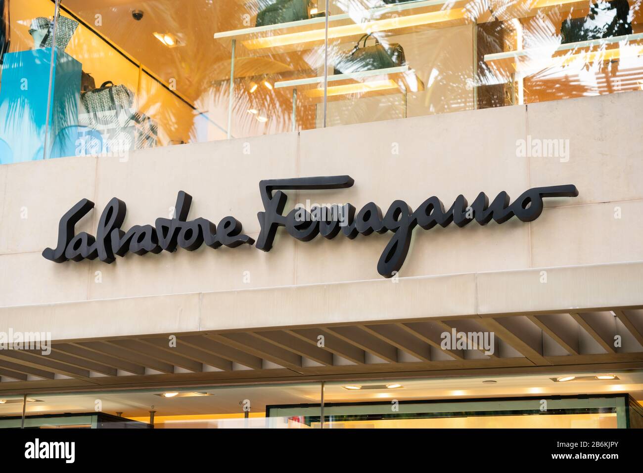A view of an Italian luxury goods high-end retailer Salvatore Ferragamo logo. Stock Photo
