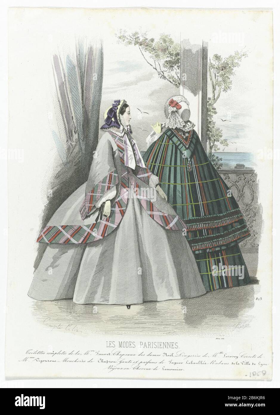 An explosion of fashion magazines Les Modes Parisiennes, 1858, No. 813  completes Toilets () Two women on a terrace of Maison Fauvet ensembles.  Left an ensemble in gray jacket trimmed with a