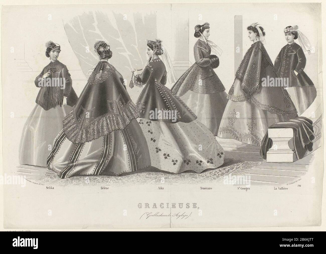 An explosion of fashion magazine income Gracieuse, Illustrated Aglaja, approximately 1865-'66, No. 794 Object Type : fashion picture Item number: RP-P-OB-103.064 Inscriptions / Brands: signature, bottom center, engraved 'Selika / Helene / Aïka / Téméraire / St Georges / La Vallière'titel, bottom center, engraved' GRACIEUSE / ( illustrated Aglaja) 'Description: Postcard from the fashion magazine De Gracieuse (1865-1936), taken from. Illustrée La mode' of the Parisian publisher Goubaud. The names of the dresses: Selika / Hélène / Aïka / Téméraire / St Georges / La Vallière Manufacturer : printma Stock Photo