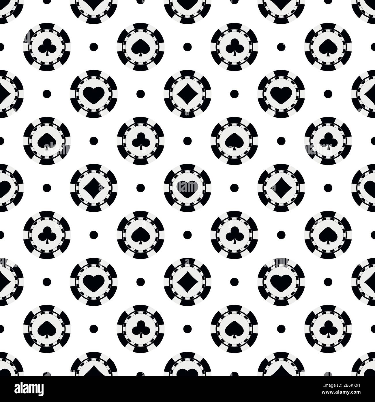 Black and white poker chips seamless pattern. Monochrome casino chip