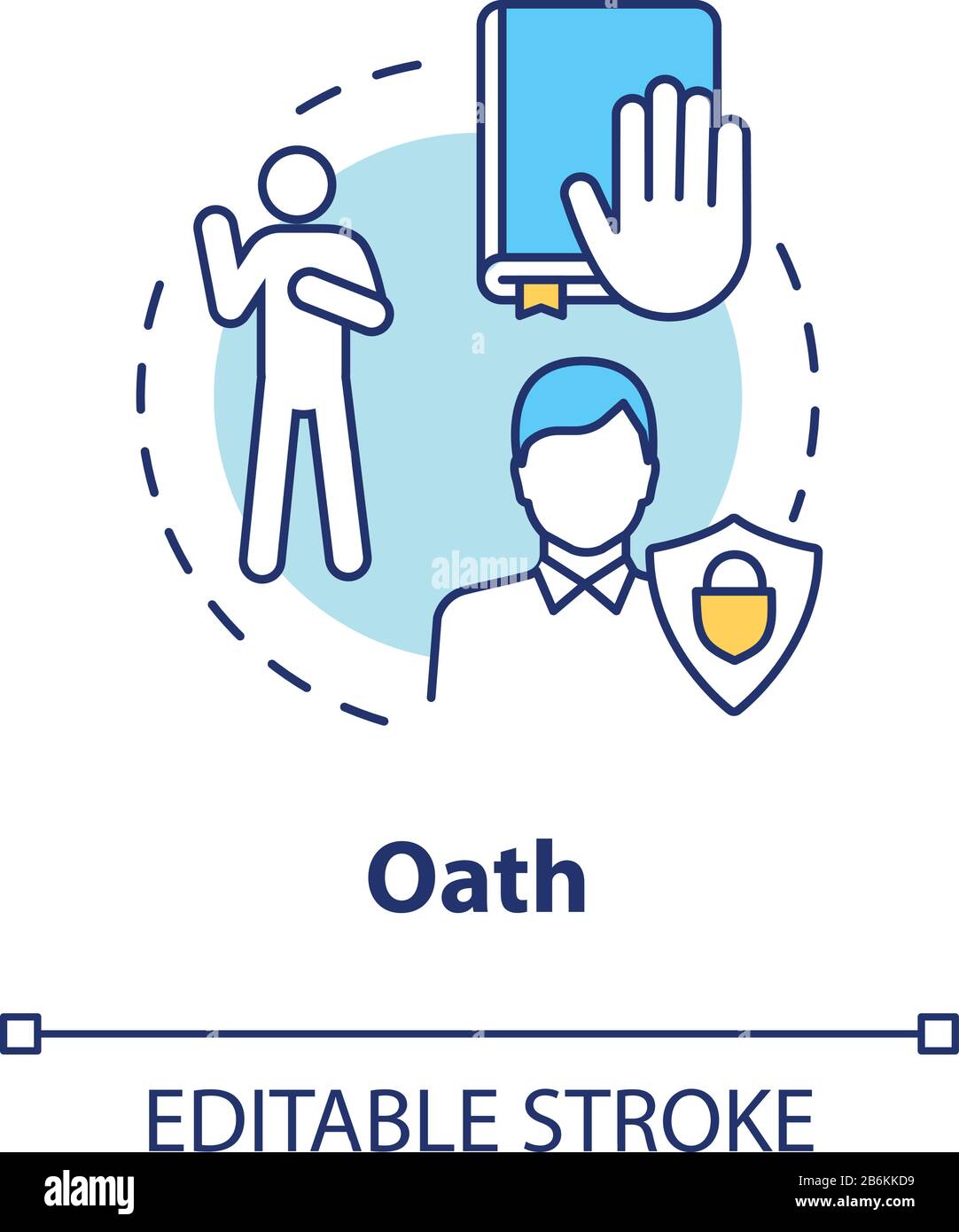 Oath concept icon. Making pledge on book. Courthouse legislation. Witness testimony. Notary service idea thin line illustration. Vector isolated Stock Vector