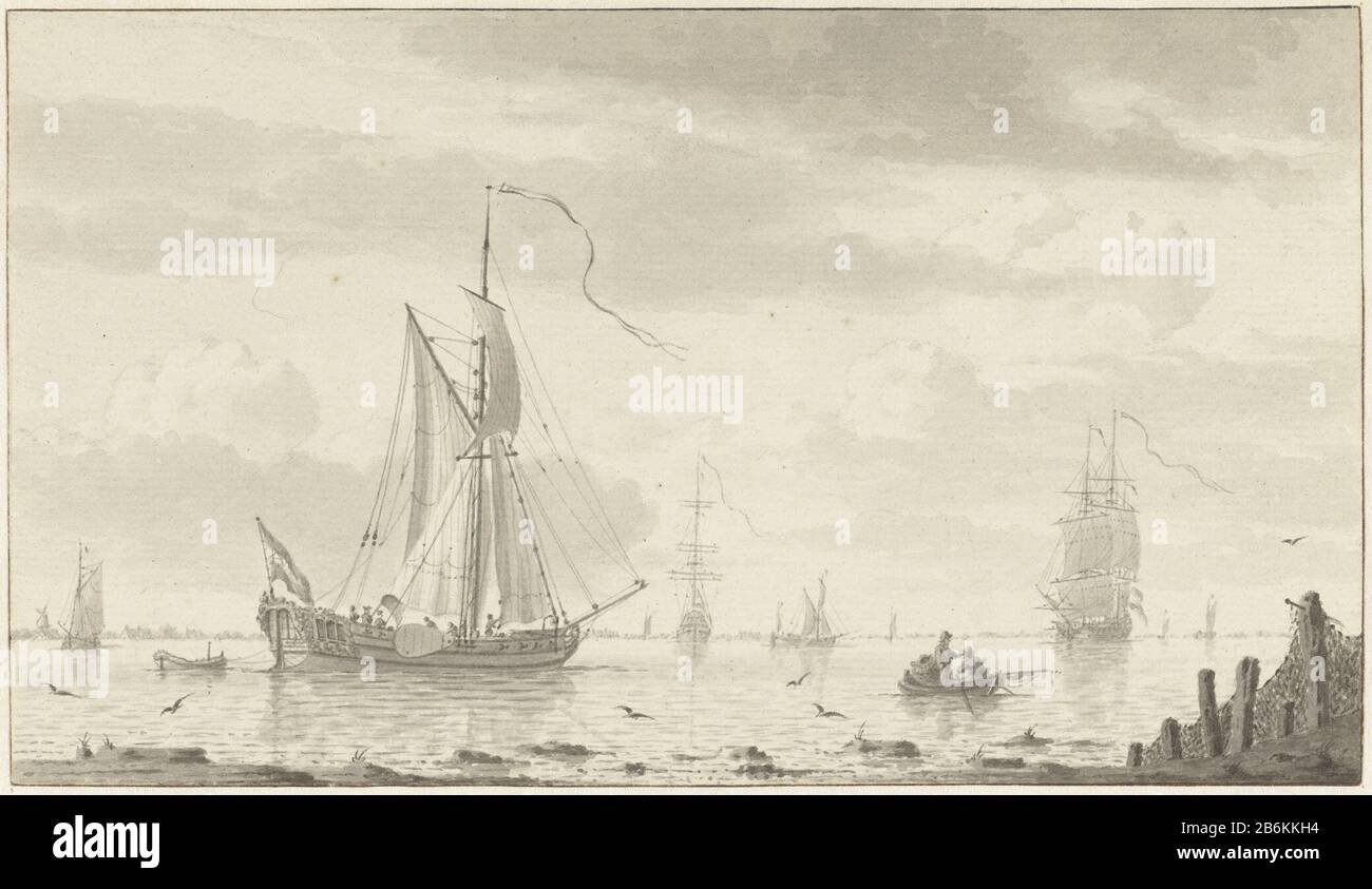 A yacht off the coast lying A yacht offshore parent object type: Drawing Object number: RP-T 00-1607 Manufacturer : artist Cornelis de Griendt Dated: 1701 - 1783 Physical features: pen and brush in gray, black chalk material: paper ink chalk Technique: pen / brush dimensions: h 134 mm × W 233 mm Subject: sailing-ship, sailing-boat Stock Photo