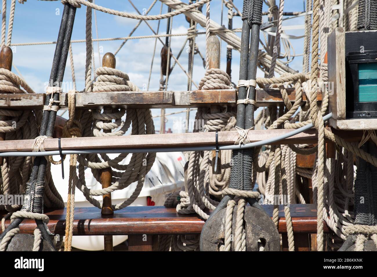 Details of Rig and Blocks on Old Sailing Ship Stock Photo