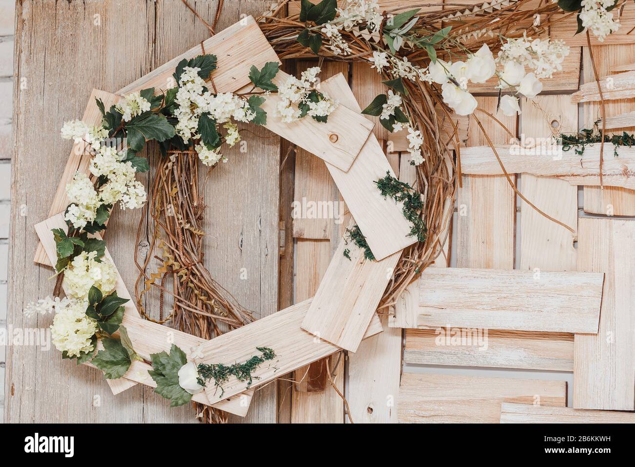 Rustical Background with wooden boards and flowers Stock Photo