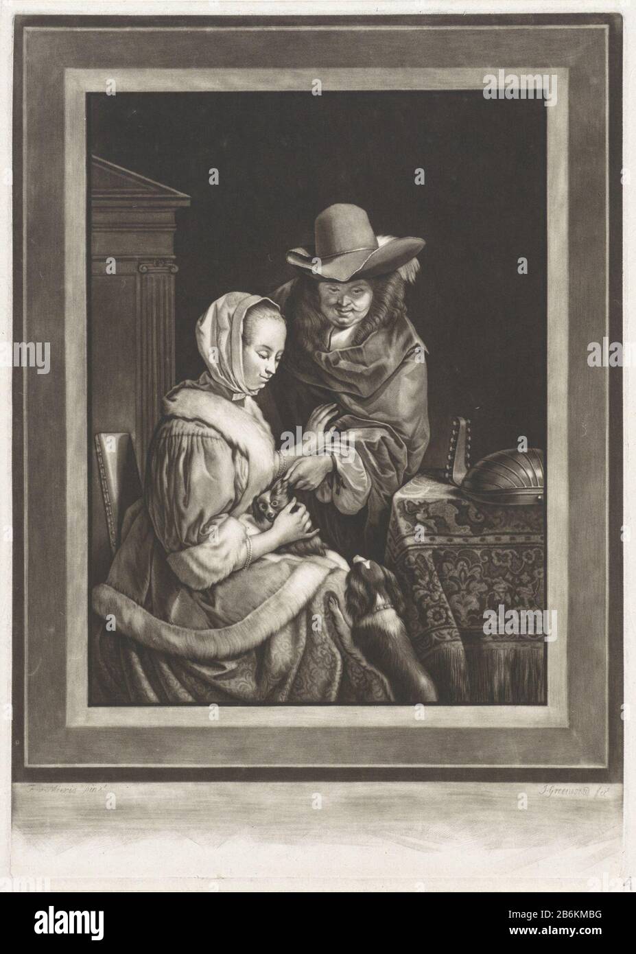 A man and a woman with two dogs Interior with a man holding a dog strokes on the lap of an elegantly dressed woman sits. A second dog stands against the skirts of women. On the table is a luit. Manufacturer : printmaker John Greenwood (listed property) to painting by Frans van Mieris (I) (listed building) Dated: 1739 - 1792 Physical features: mezzotint material: paper Technique: mezzotint dimensions: plate edge: h 355 mm × W 251 mmToelichtingHet painting Where: is made to the picture, also known as 'Puppy plagen'. Subject: doglute, and special forms of lute, eg: theorbo Stock Photo