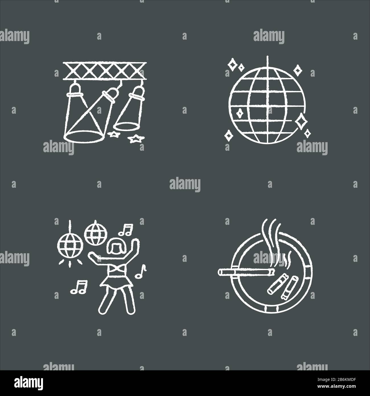 Nightclub recreation chalk white icons set on black background. Night ...