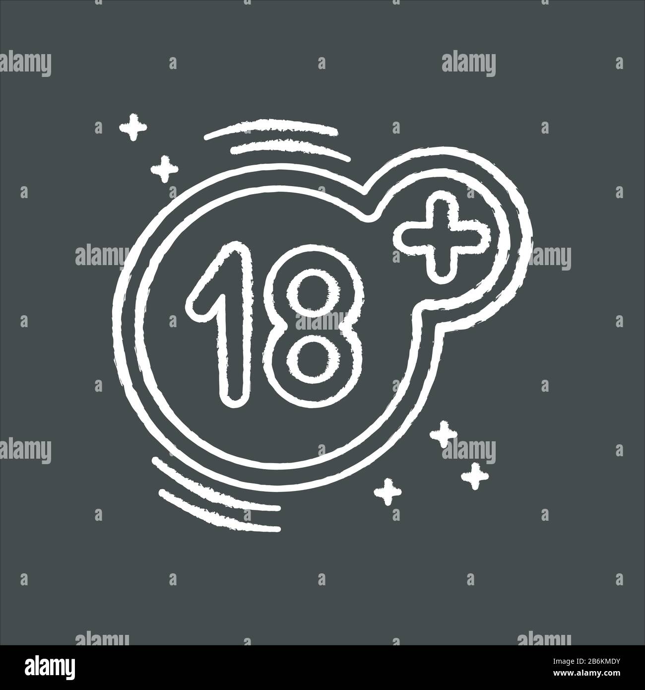 Eighteen plus chalk white icon on black background. Adults only, 18 years old, age restriction. Mature content warning, prohibition sign with number Stock Vector